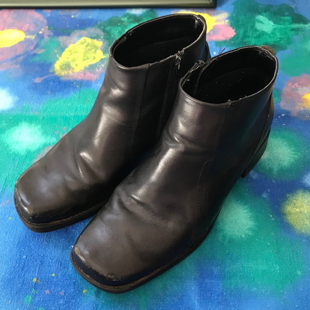 Black leather square toe ankle boots